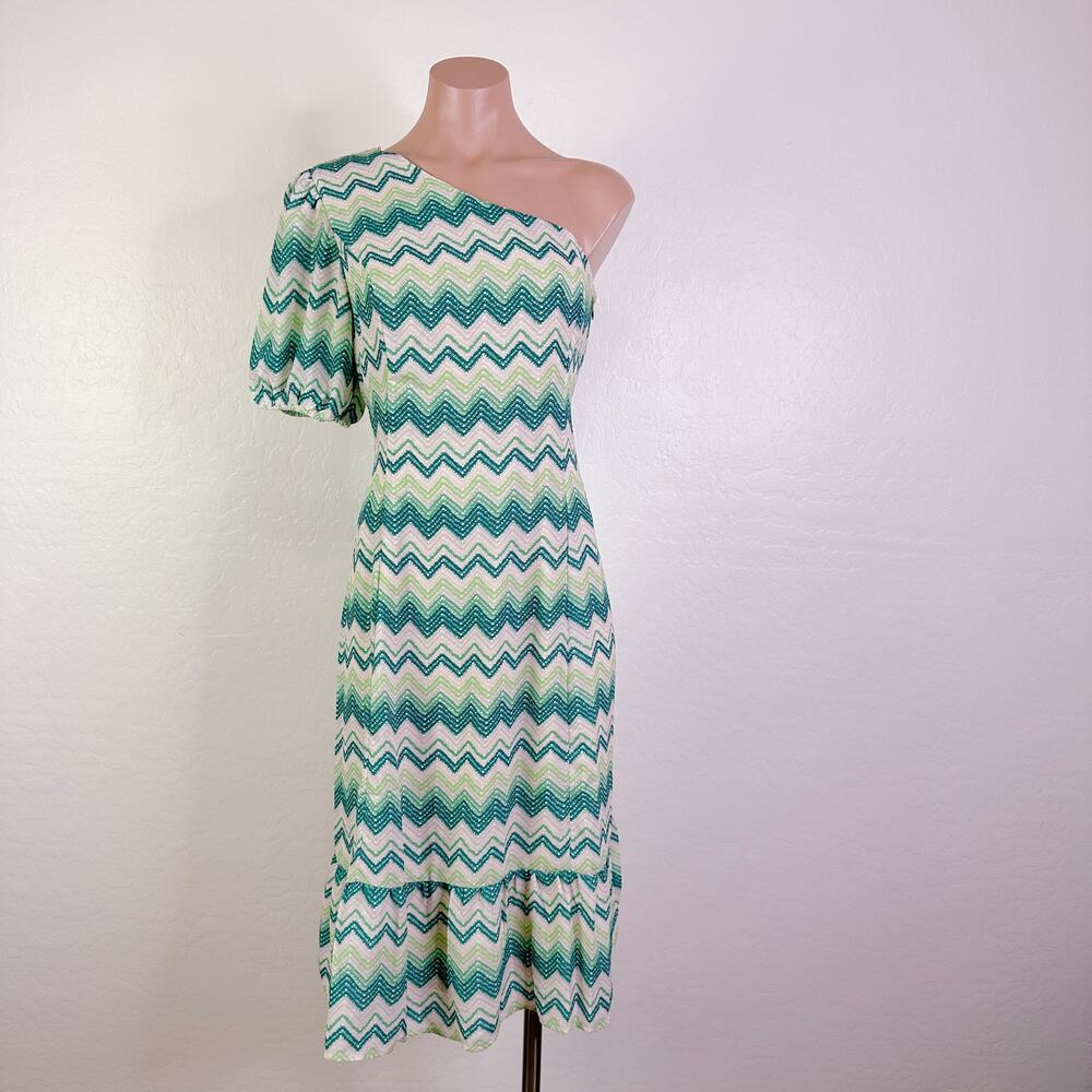 Collective Concepts Chevron One Shoulder Puff Sleeve Dress White Green M NWT